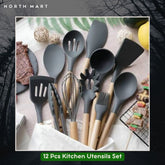 12 Pcs Kitchen Utensils Set | BPA Silicon & Wooden Kitchen Spoon Set | Heat Resistant Kitchen Non toxic Spatula Set with Turner Tongs,Spoon,Brush,Whisk-Wooden Handle - Random Color