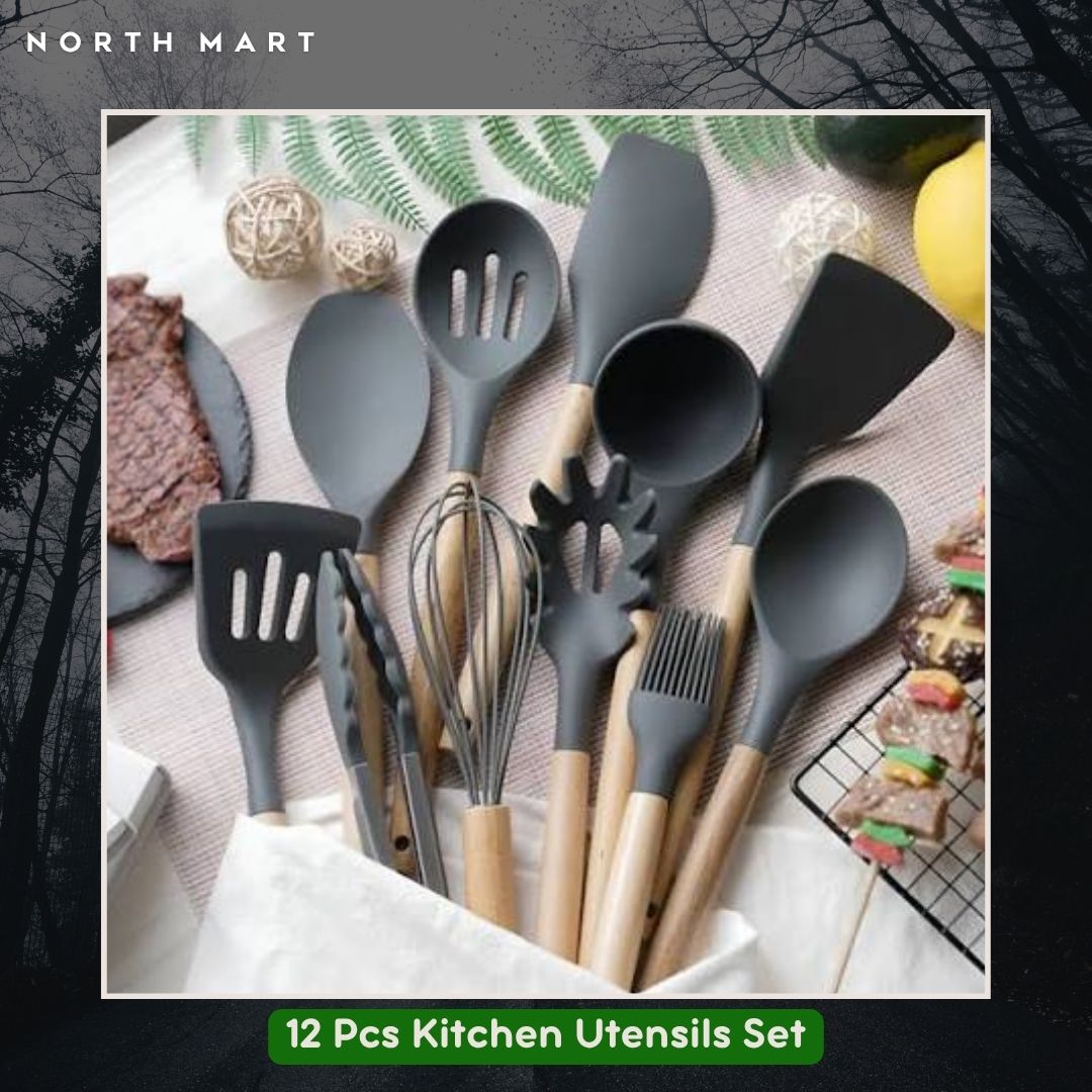 12 Pcs Kitchen Utensils Set | BPA Silicon & Wooden Kitchen Spoon Set | Heat Resistant Kitchen Non toxic Spatula Set with Turner Tongs,Spoon,Brush,Whisk-Wooden Handle - Random Color