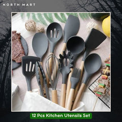 12 Pcs Kitchen Utensils Set | BPA Silicon & Wooden Kitchen Spoon Set | Heat Resistant Kitchen Non toxic Spatula Set with Turner Tongs,Spoon,Brush,Whisk-Wooden Handle - Random Color