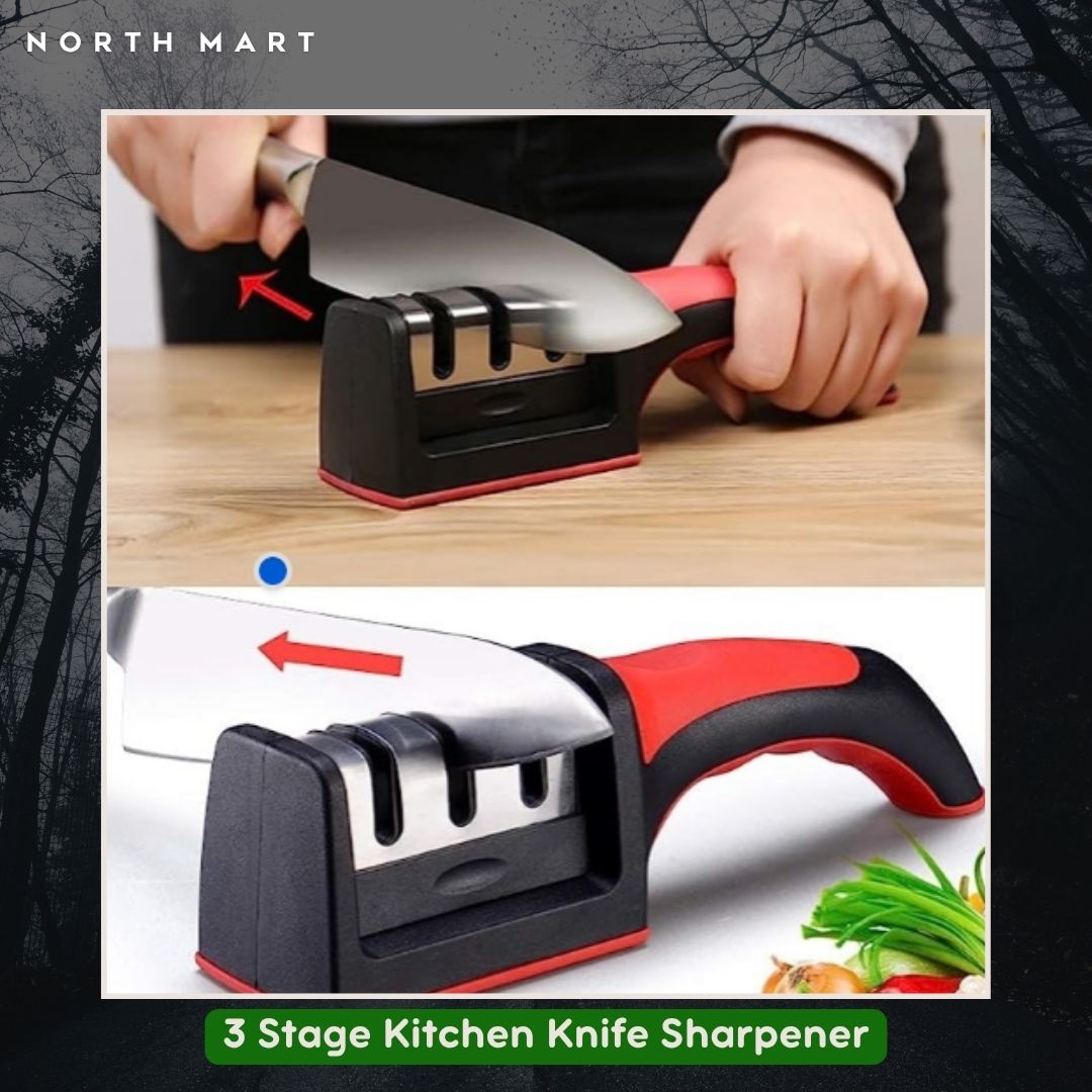 3 Stage Kitchen Knife Sharpener – Manual Knife Sharpening Tool with Non-Slip Base